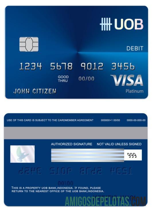 Cartão de débito regular Visa do Banco UOB da Indonésia modelo